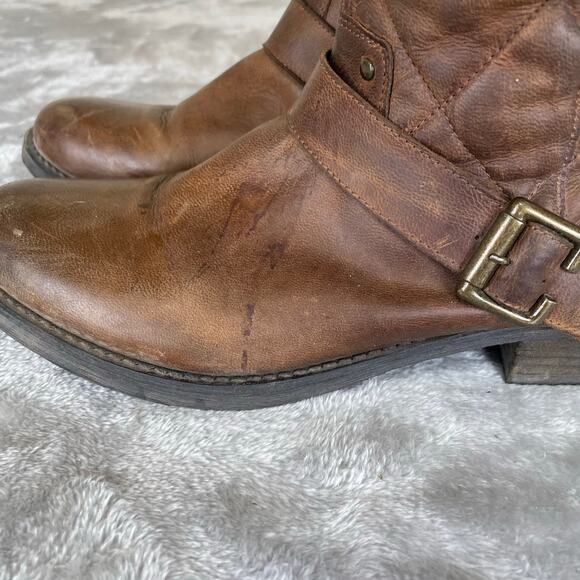 Steve Madden Boots Sz 8.5 Mid Calf Motorcycle Chunky Biker Brown Distressed Boho - Picture 6 of 11
